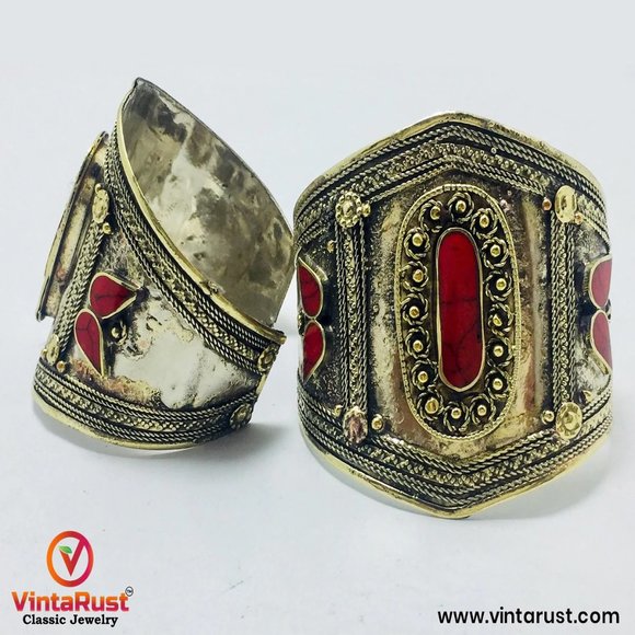 Single Vintage Kuchi Cuff Bracelet: Afghani Tribal Jewelry Inlaid with Stones - Picture 3 of 7
